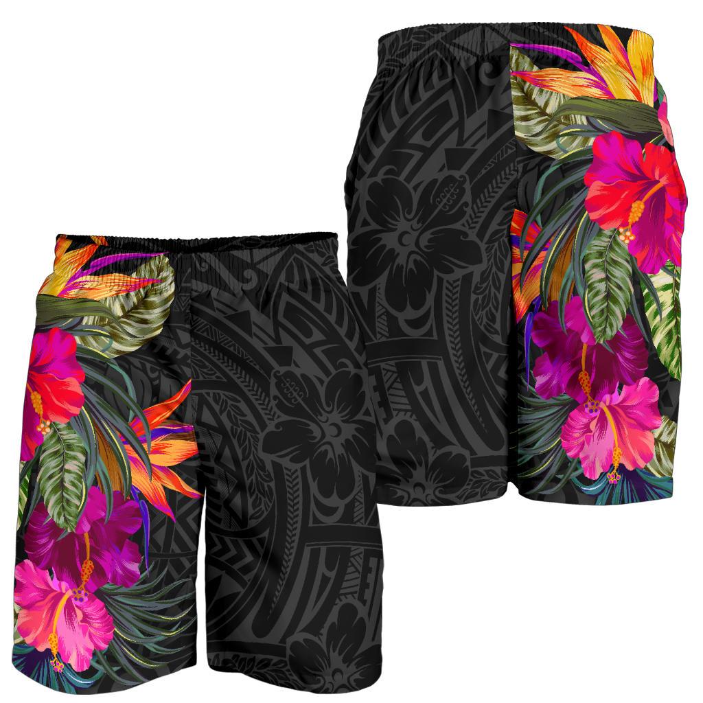 Polynesian All Over Print Men's Shorts - Hibiscus Pattern Black - Polynesian Pride