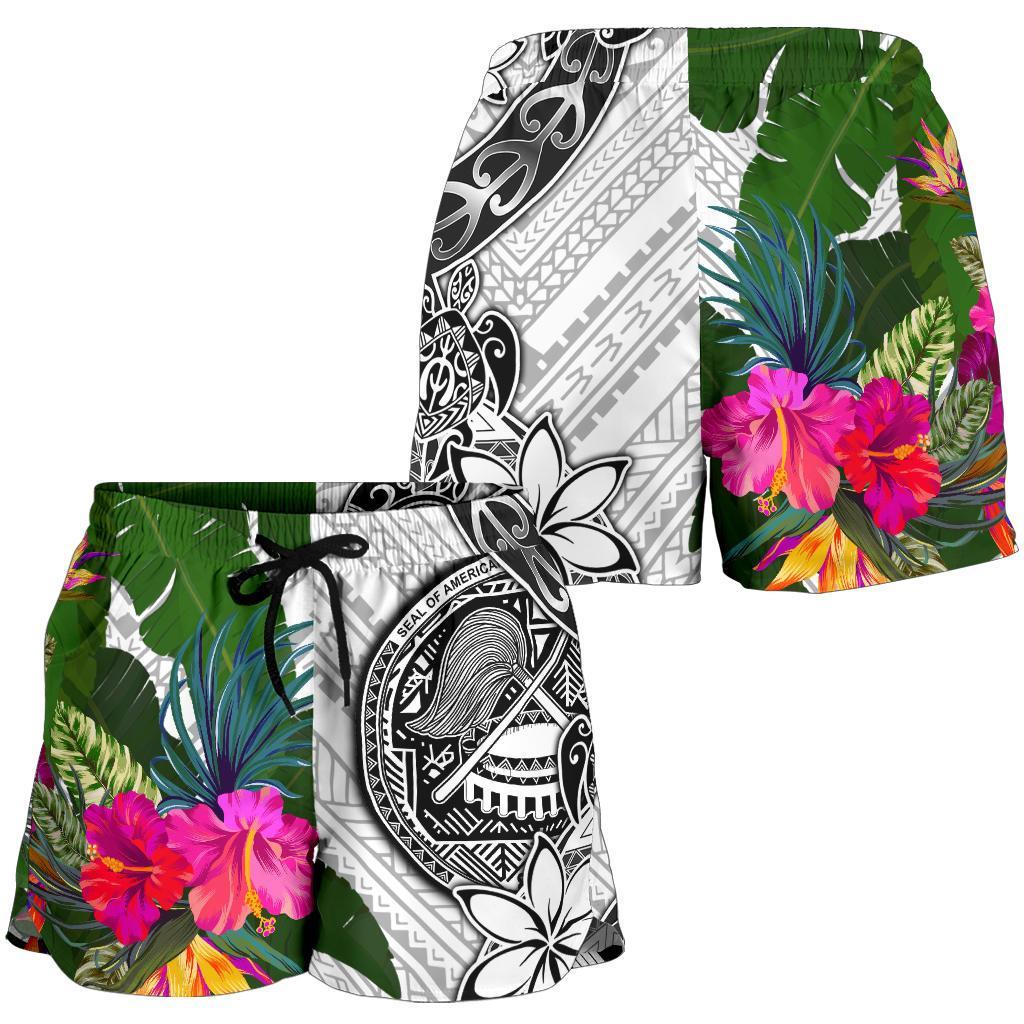 American Samoa Women's Short White - Turtle Plumeria Banana Leaf - Polynesian Pride