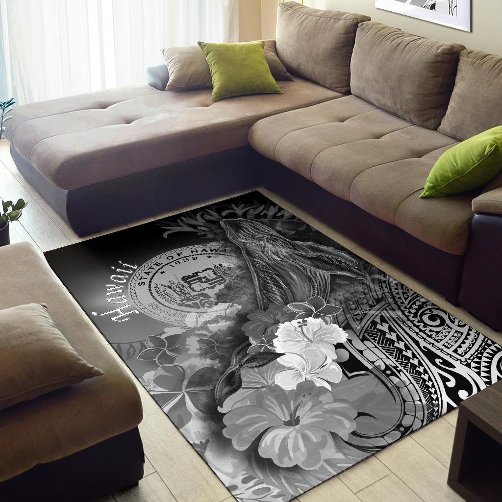 Polynesian Hawaii Area Rug - Humpback Whale with Tropical Flowers (White) - Polynesian Pride