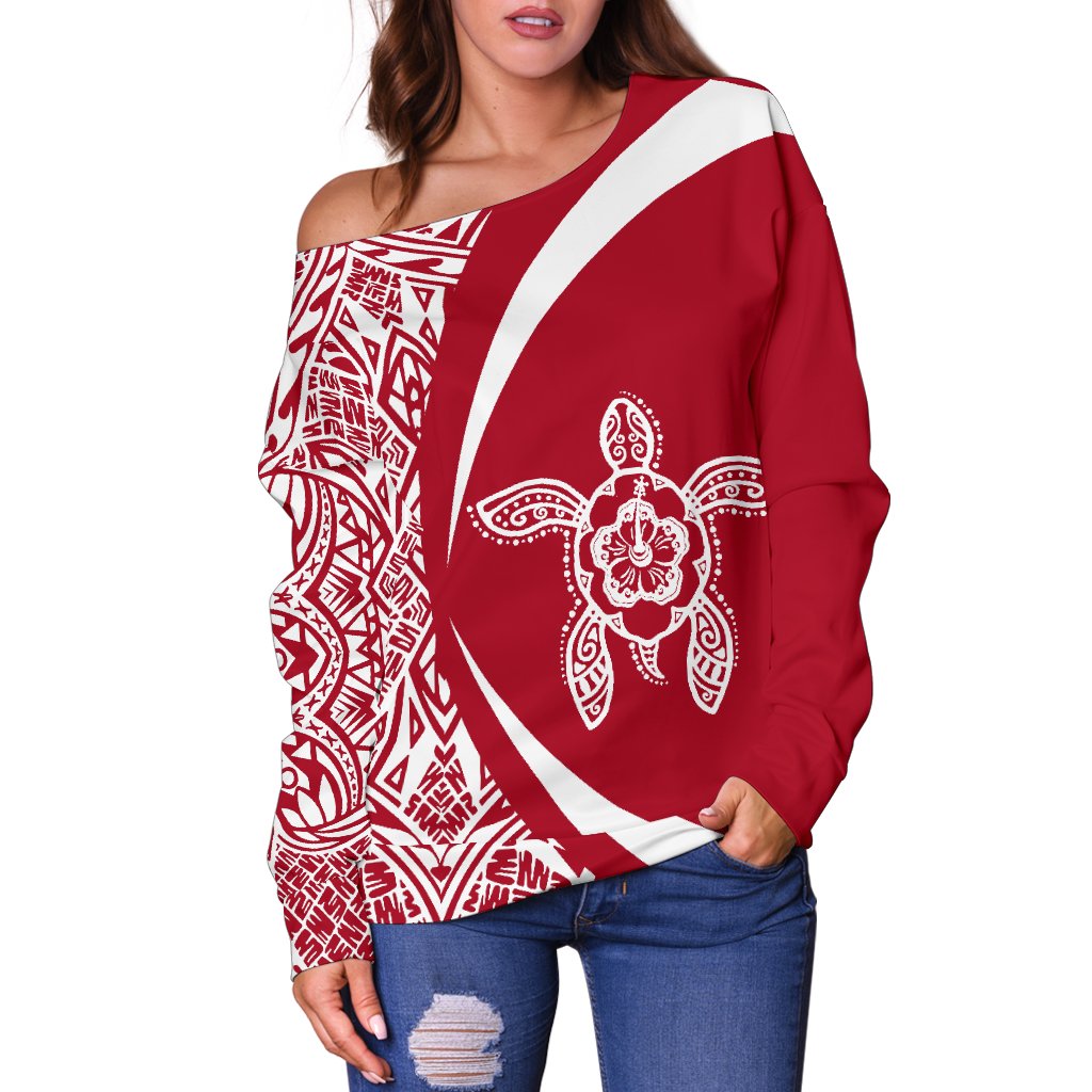 Hawaii Turtle Polynesian Women's Off Shoulder Sweater - Circle Style - AH - Red - Polynesian Pride