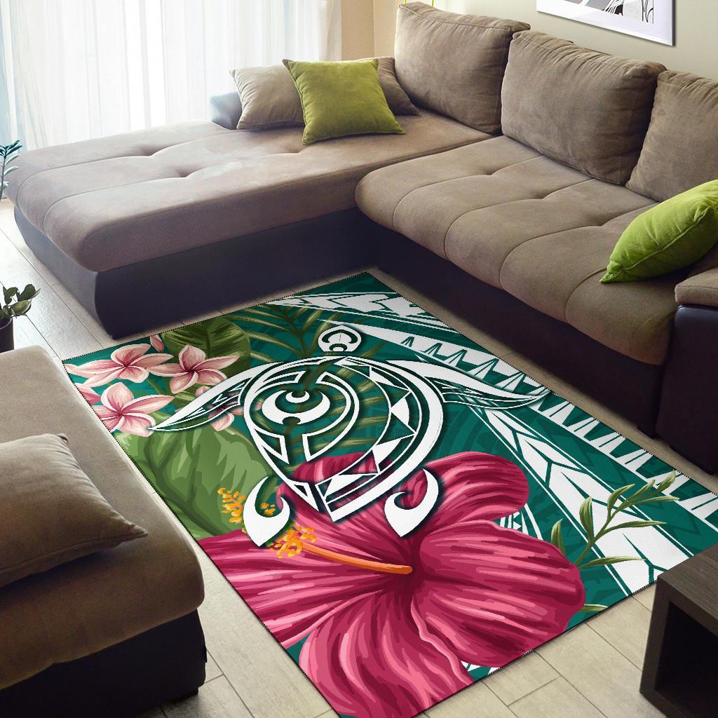 Hawaii Polynesian Turtle Tropical Hibiscus Plumeria Rug - Turquoise - Polynesian Pride