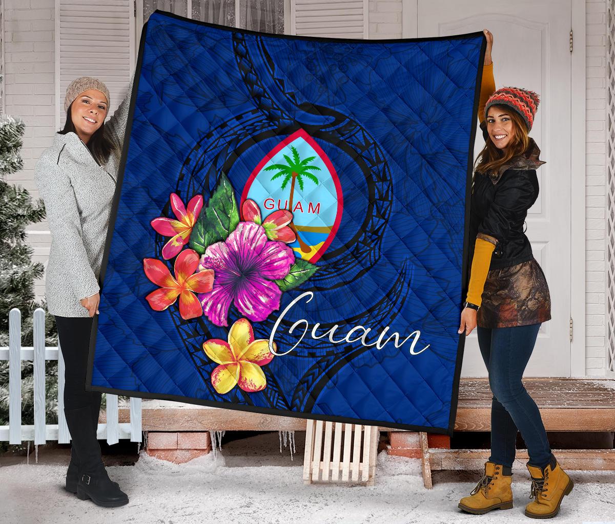 Guam Polynesian Premium Quilt - Floral With Seal Blue - Polynesian Pride