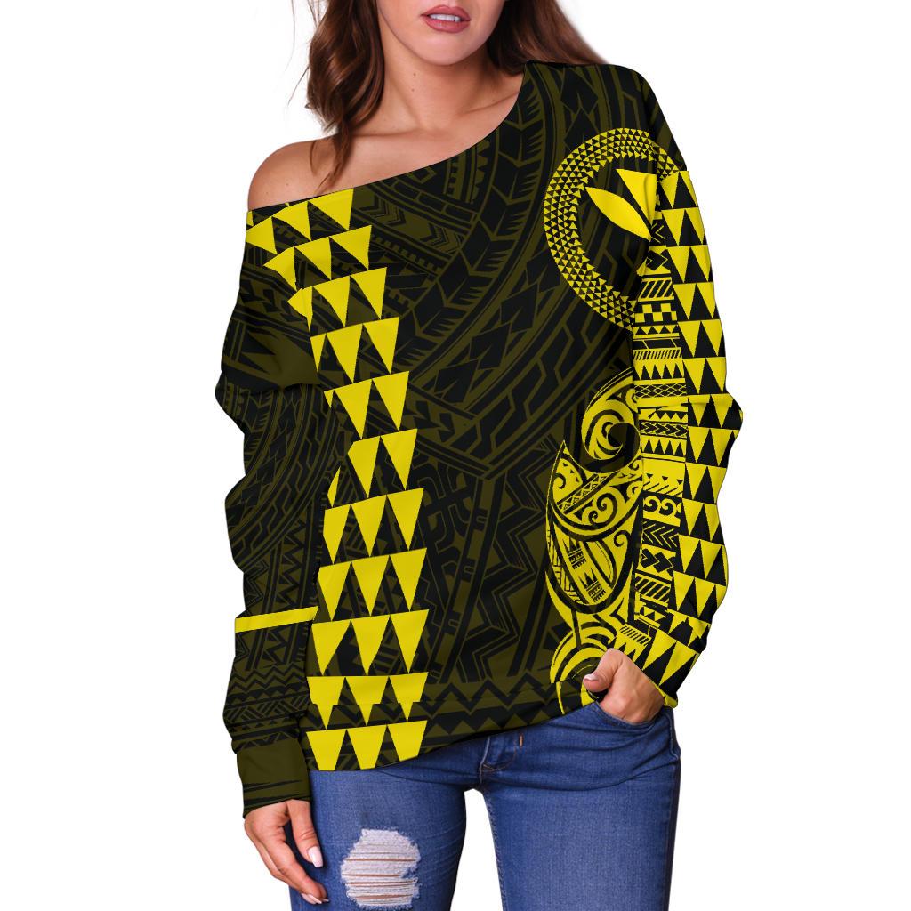 Hawaii Kanaka Polynesian Women's Off Shoulder Sweater - Yellow - Polynesian Pride
