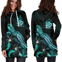 New Caledonia Polynesian Hoodie Dress - Turtle With Blooming Hibiscus Turquoise - Polynesian Pride