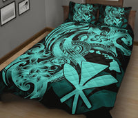 Hawaii Polynesian Quilt Bed Set - Blue Kanaka Maoli Tentacle Plumeria - Polynesian Pride
