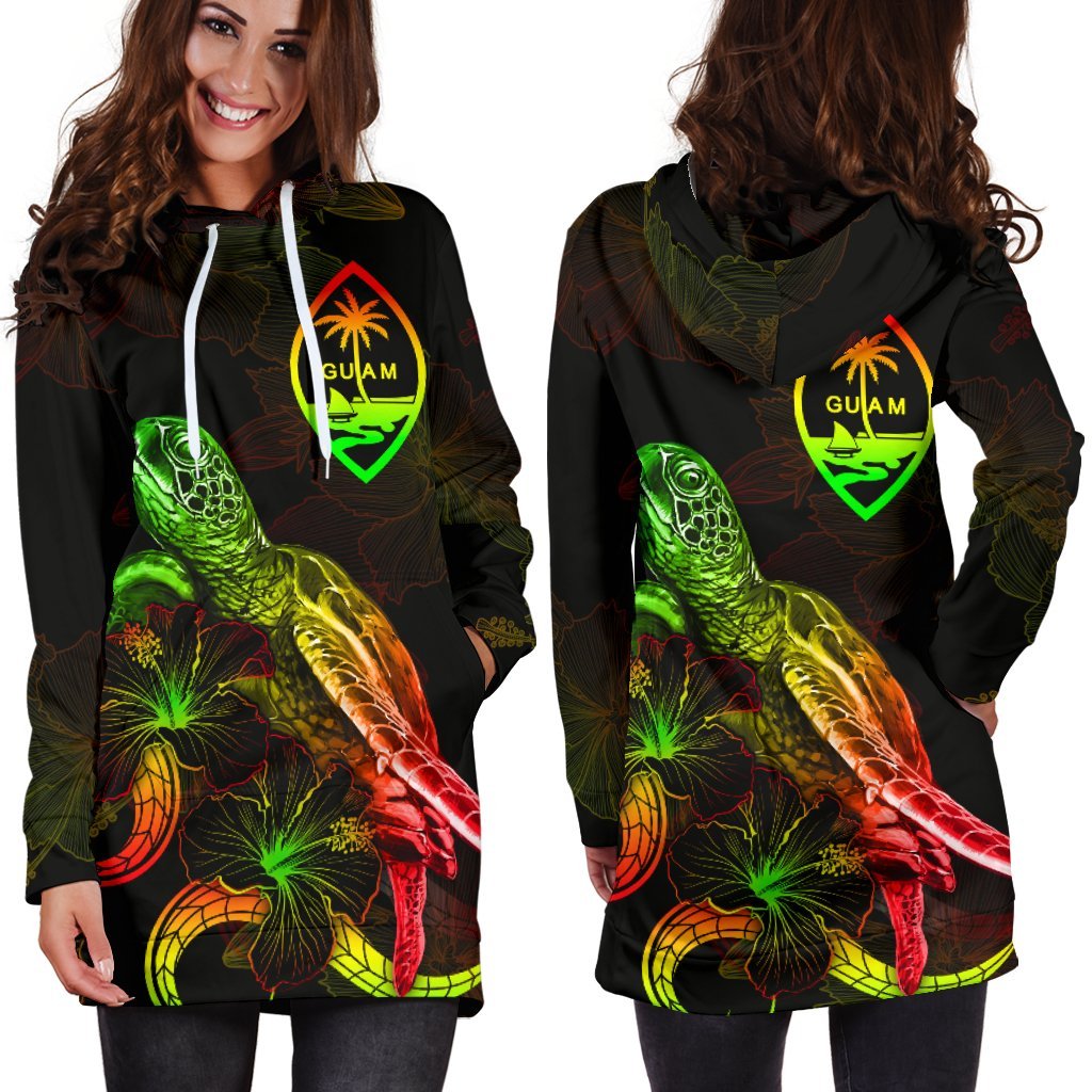 Guam Polynesian Hoodie Dress - Turtle With Blooming Hibiscus Reggae - Polynesian Pride