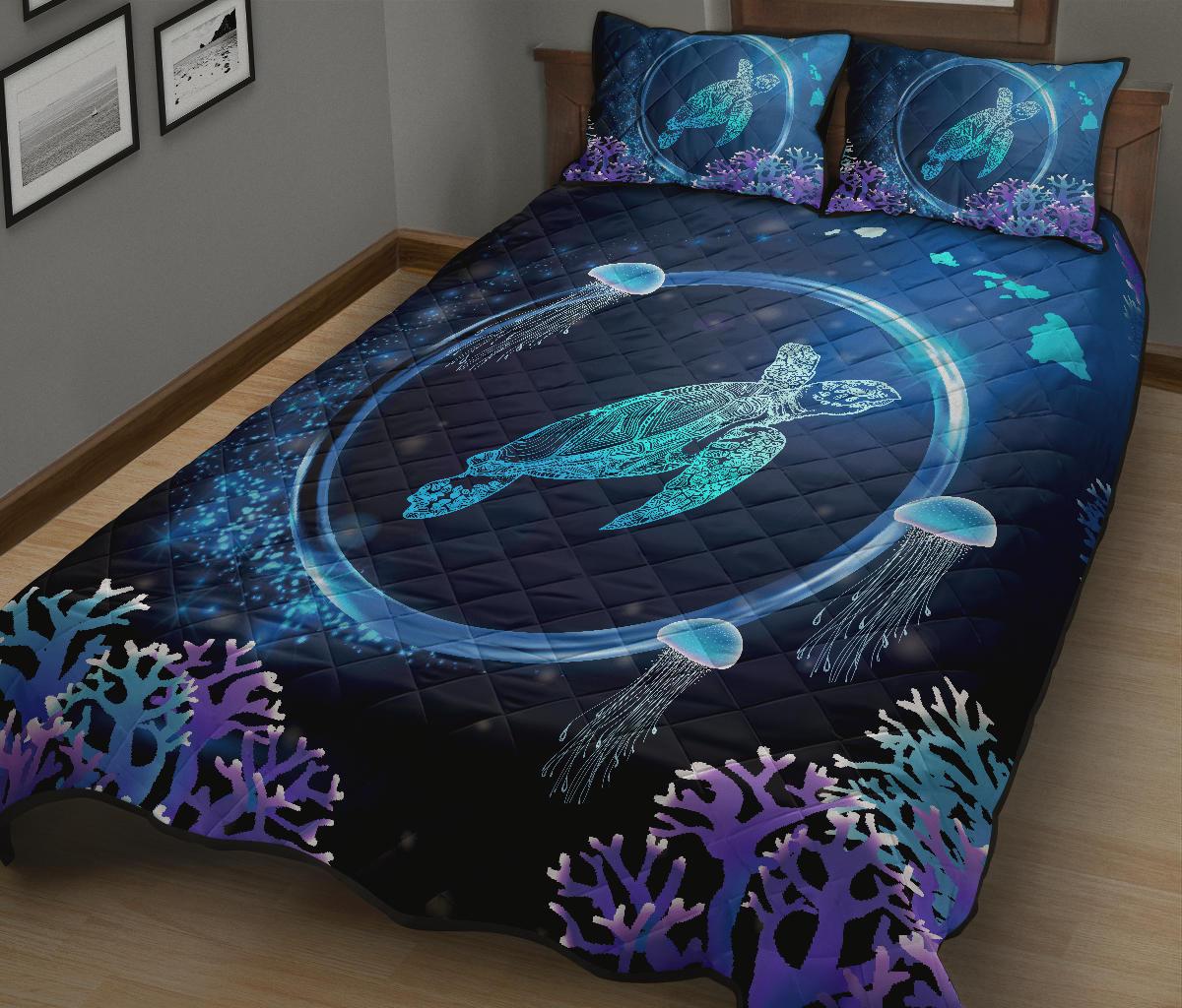 Hawaii Turtle Jellyfish Coral Galaxy Quilt Bed Set - Polynesian Pride