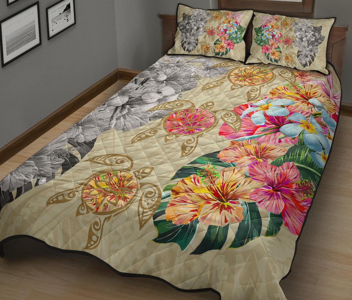 Hawaii Polynesian Flowers Swimming Turtles Quilt Bed Set - Polynesian Pride