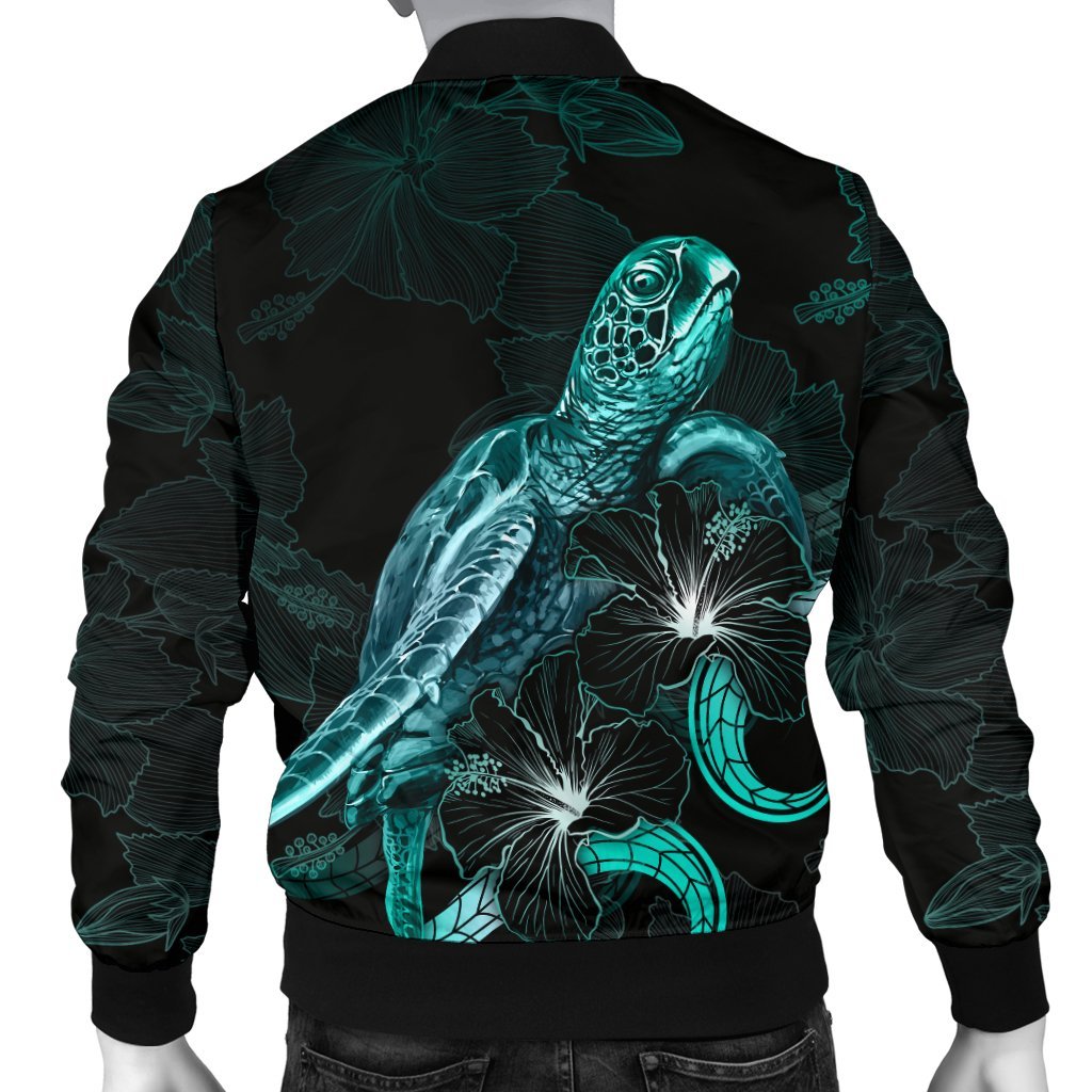 Nauru Polynesian Men's Bomber Jacket - Turtle With Blooming Hibiscus Turquoise - Polynesian Pride