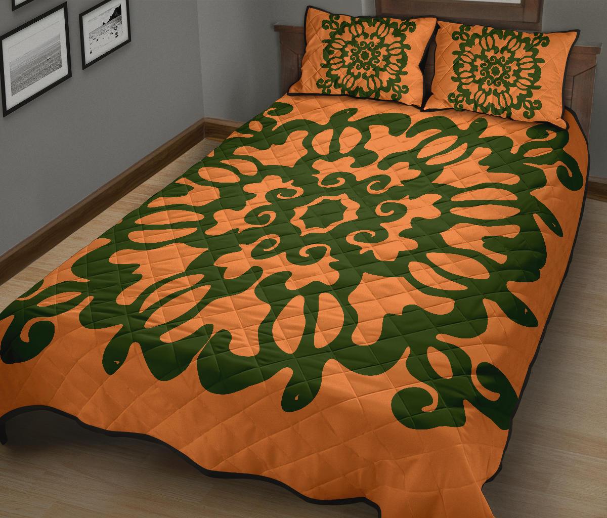 Hawaii Turtle Pattern New Orange Quilt Bed Set - Skin Style - AH - Polynesian Pride