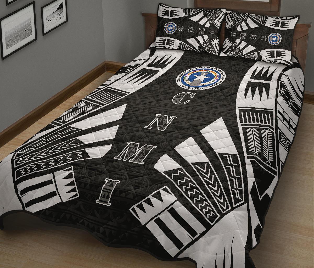 Northern Mariana Islands Quilt Bed Set - Northern Mariana Islands Seal & Polynesian White Tattoo Style - Polynesian Pride