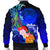 American Samoa Polynesian Men's Bomber Jacket - Humpback Whale with Tropical Flowers (Blue) - Polynesian Pride