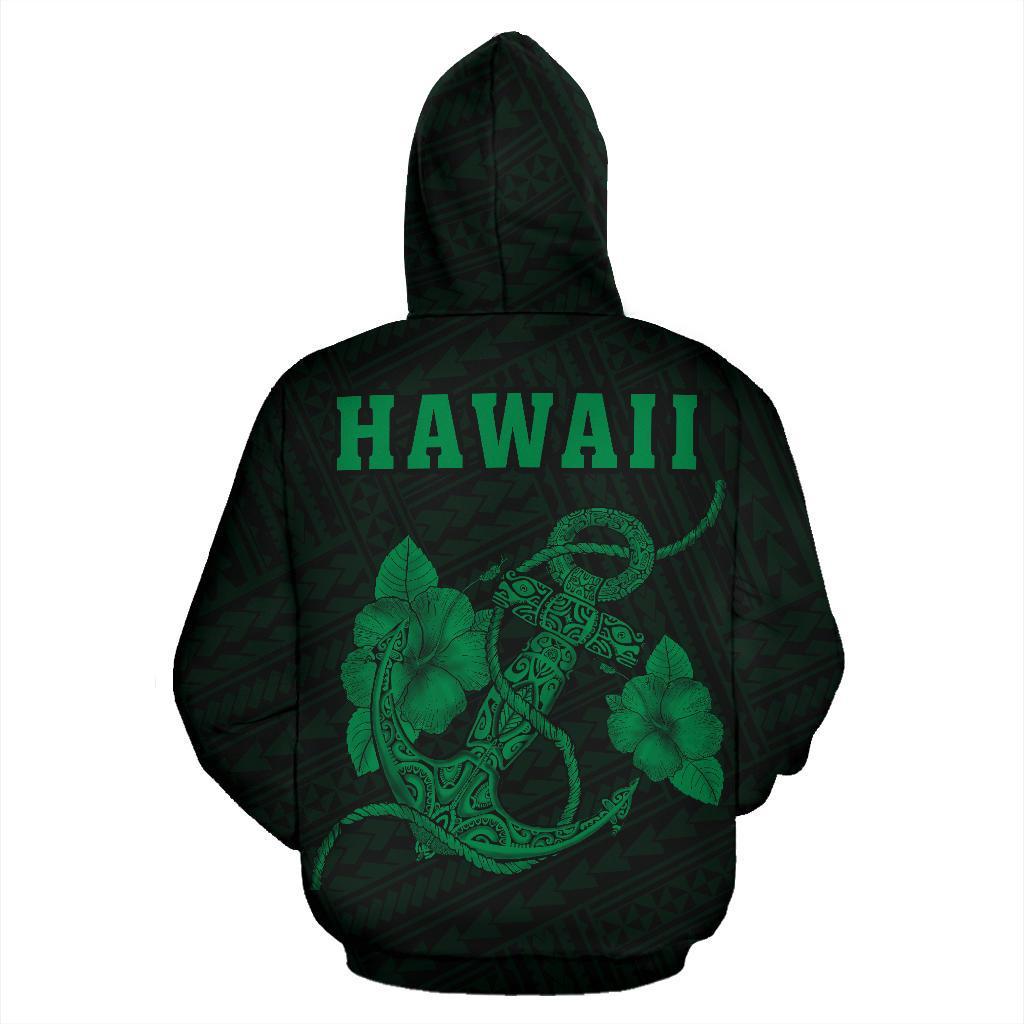 Polynesian Kakau Anchor Hibiscus Hawaii Zip Hoodie Green - Polynesian Pride