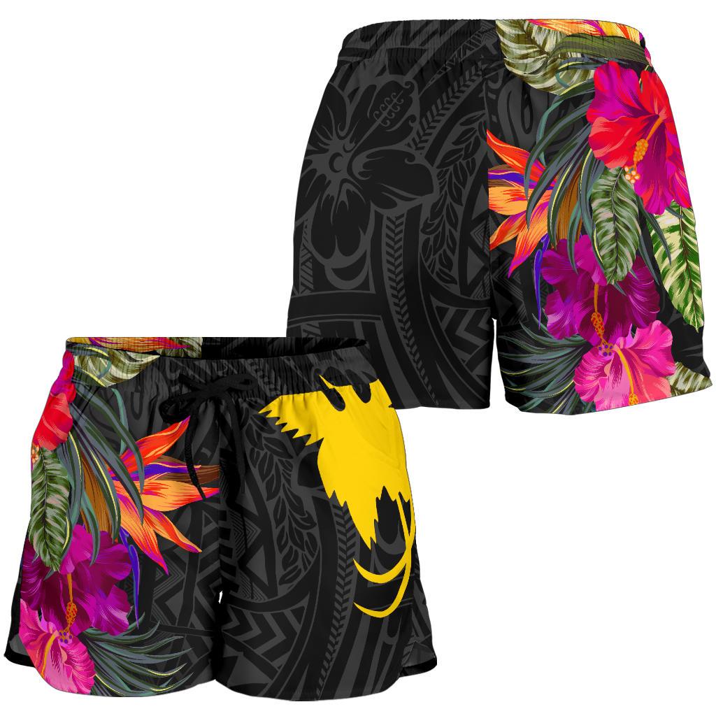 Papua New Guinea All Over Print Women's Shorts - Hibiscus Polynesian Pattern Women Black - Polynesian Pride