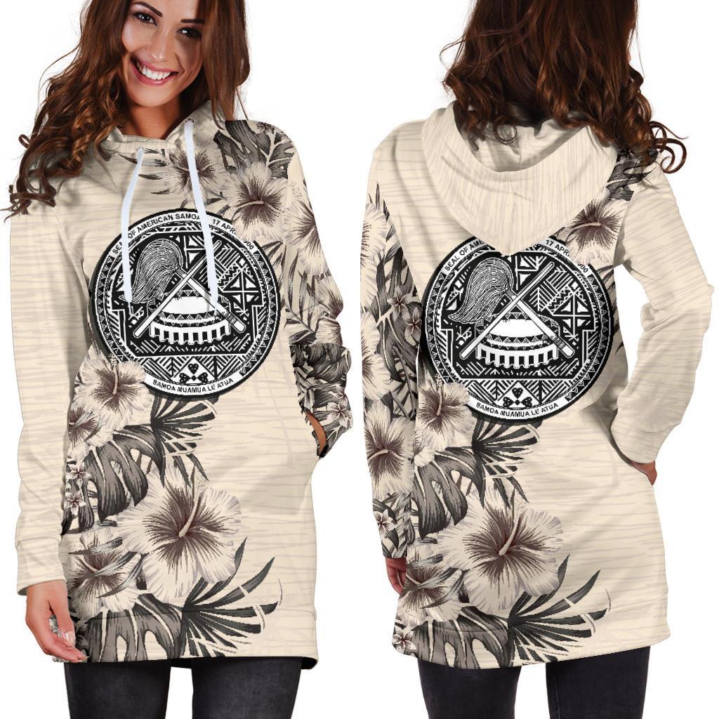 American Samoa Hoodie Dress - American Samoa Seal & Beige Hibiscus - Polynesian Pride