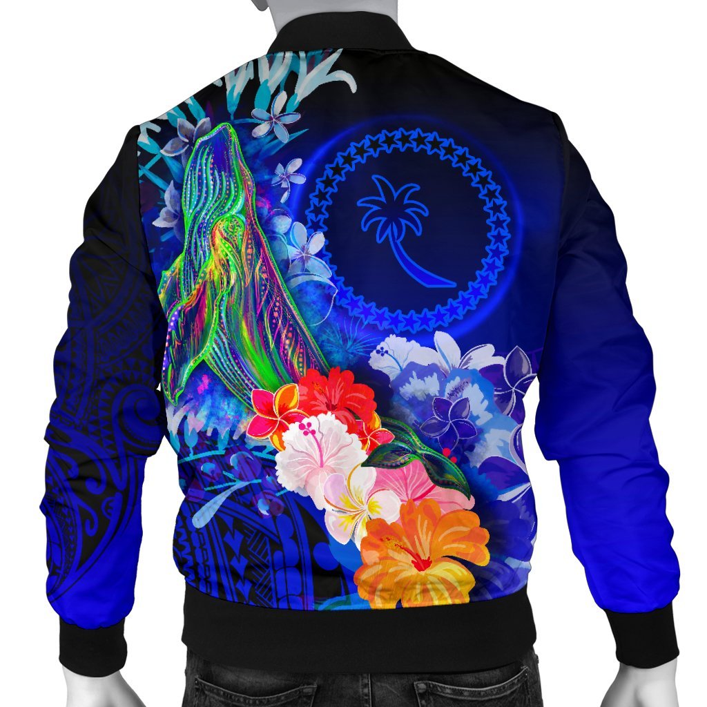Chuuk Men's Bomber Jacket - Humpback Whale with Tropical Flowers (Blue) - Polynesian Pride