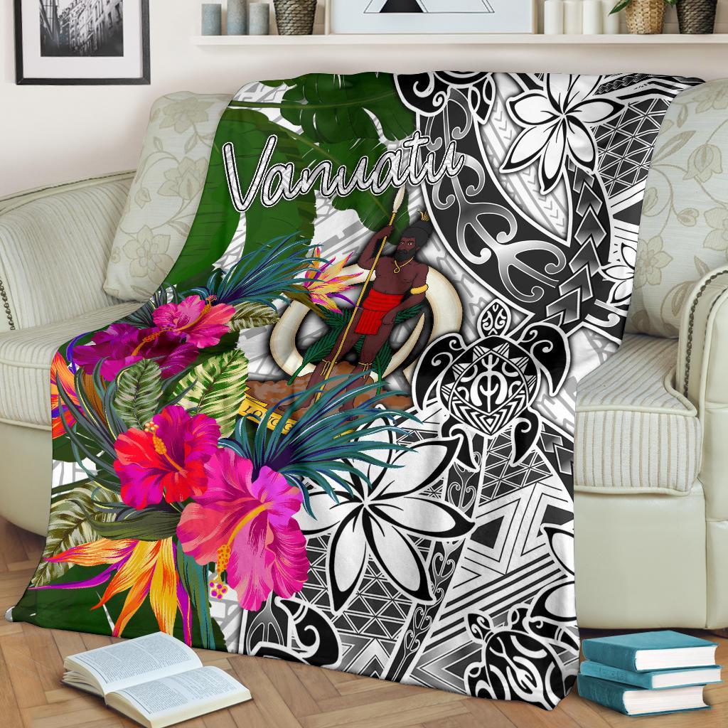 Vanuatu Premium Blanket White - Turtle Plumeria Banana Leaf - Polynesian Pride
