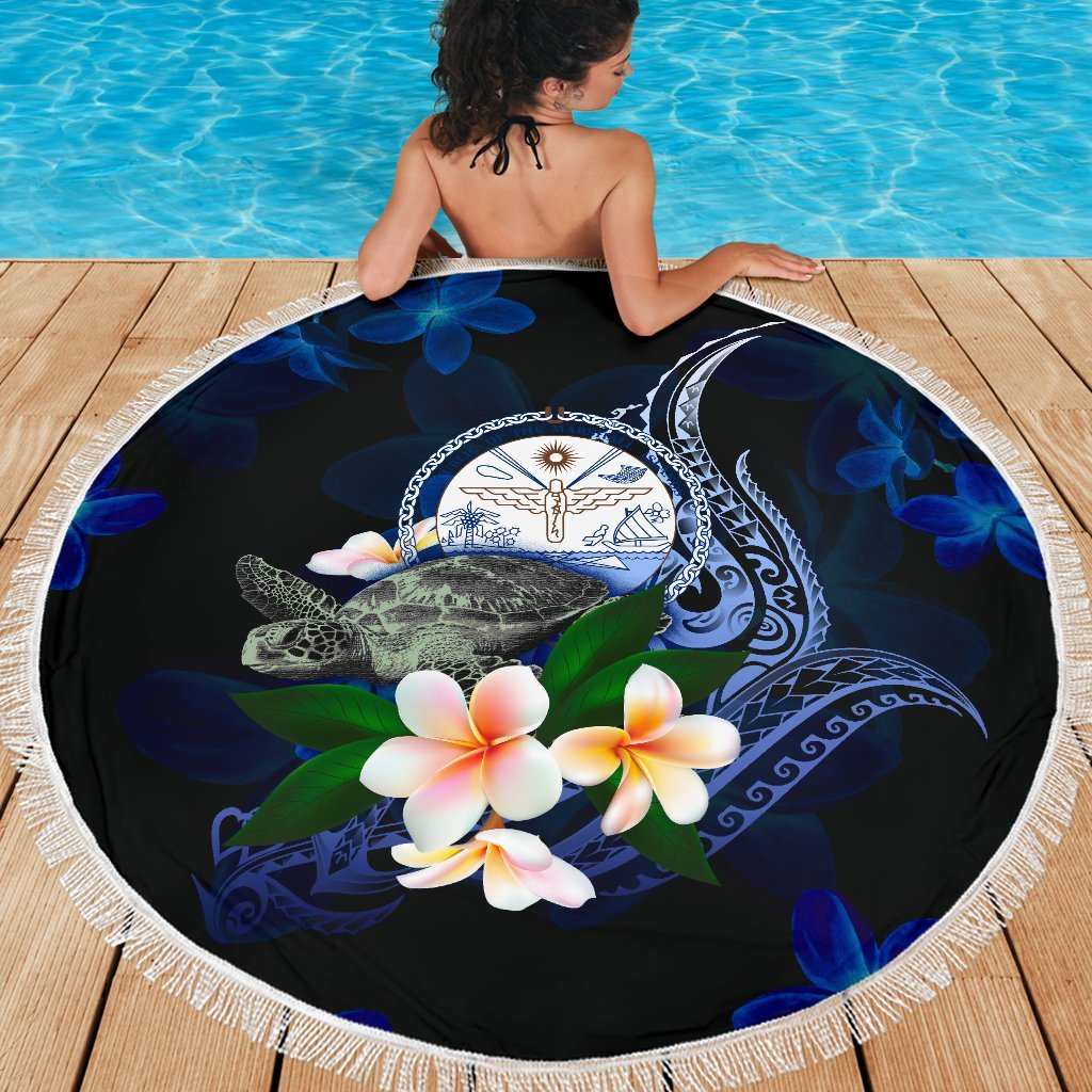 Marshall Islands Polynesian Beach Blanket - Turtle With Plumeria Flowers - Polynesian Pride