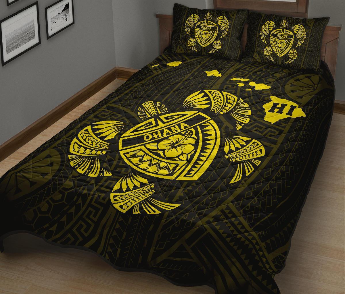 Hawaii Turtle Hibicus Map Quilt Bed Set - Yellow - Polynesian Pride