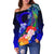 CNMI Women's Off Shoulder Sweater - Humpback Whale with Tropical Flowers (Blue) - Polynesian Pride