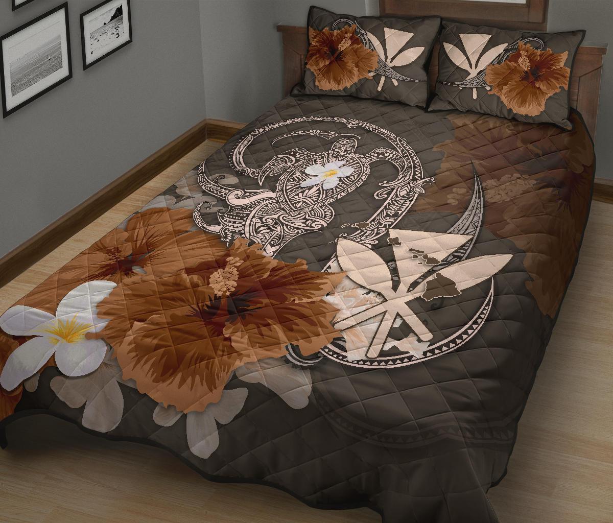 Kanaka Maoli (Hawaii) Quilt Bed Set - Hibiscus Turtle Tribal Brown - Polynesian Pride