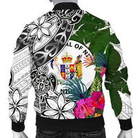 Niue Custom Personalised Men's Bomber Jacket White - Turtle Plumeria Banana Leaf - Polynesian Pride