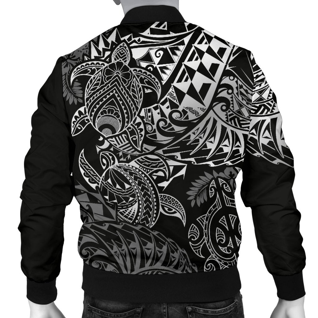 Polynesian Hawaii (Kanaka Maoli) Men Bomber Jacket - White Hibiscus Turtle Flowing - Polynesian Pride