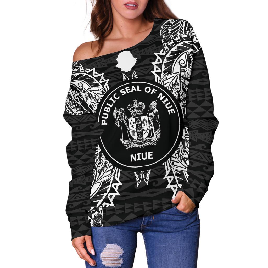 Niue Polynesian Shoulder Sweater Map Black - Polynesian Pride