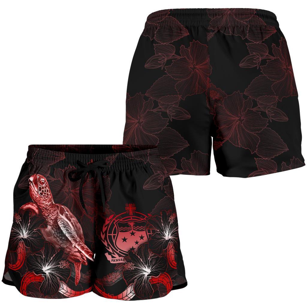 Samoa Polynesian Women's Shorts - Turtle With Blooming Hibiscus Red - Polynesian Pride