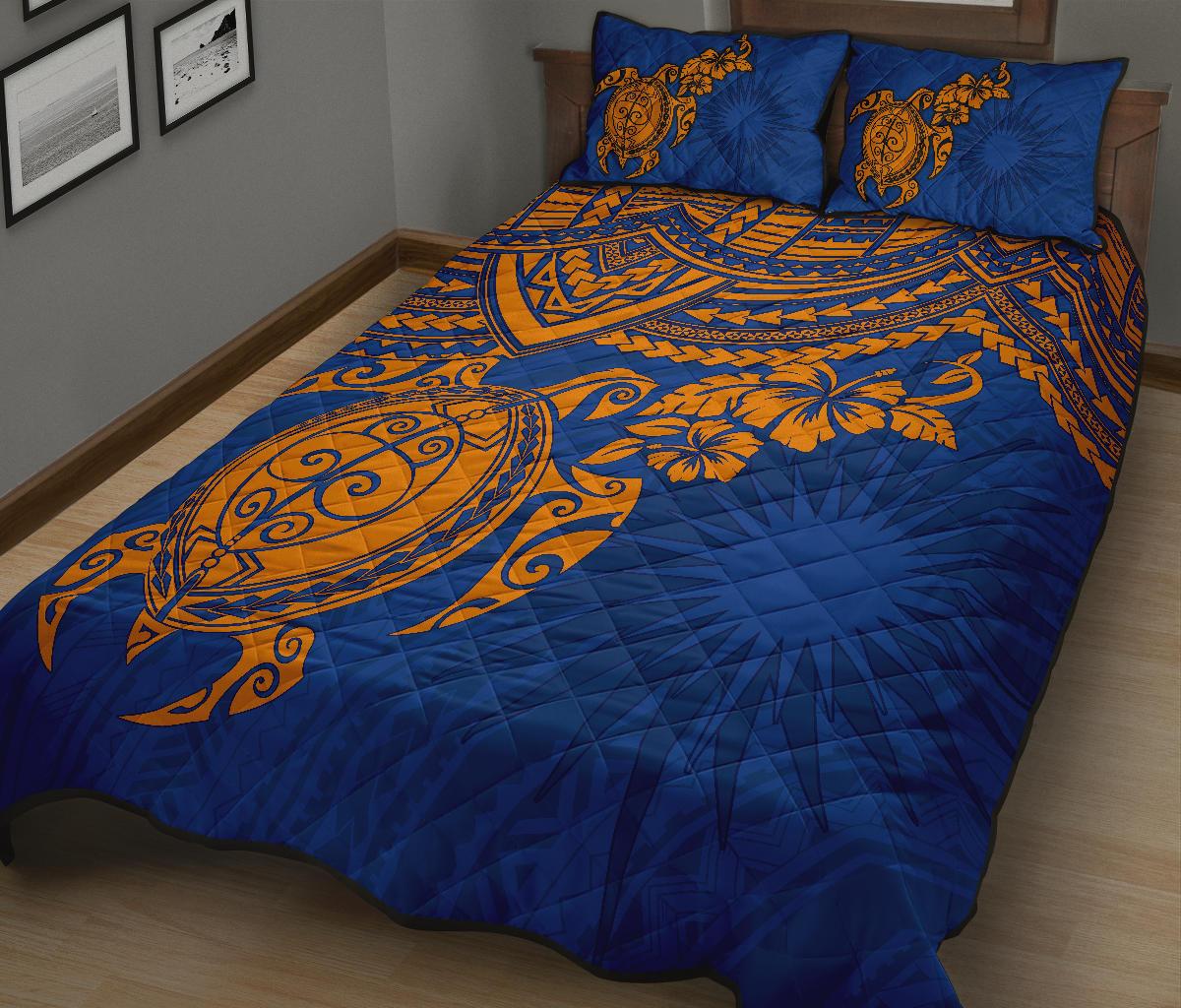 Marshall Islands Polynesian Quilt Bed Set - Marshall Islands Flag & Blue Turtle Hibiscus Blue - Polynesian Pride