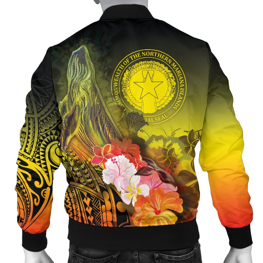 CNMI Men's Bomber Jacket - Humpback Whale with Tropical Flowers (Yellow) - Polynesian Pride