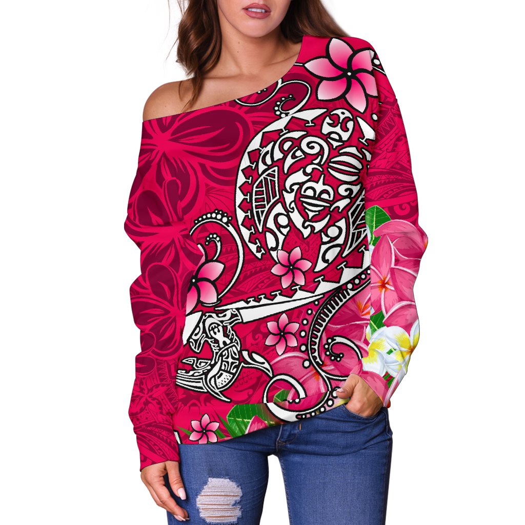 Polynesian Women's Off Shoulder Sweater - Turtle Plumeria Pink Color - Polynesian Pride