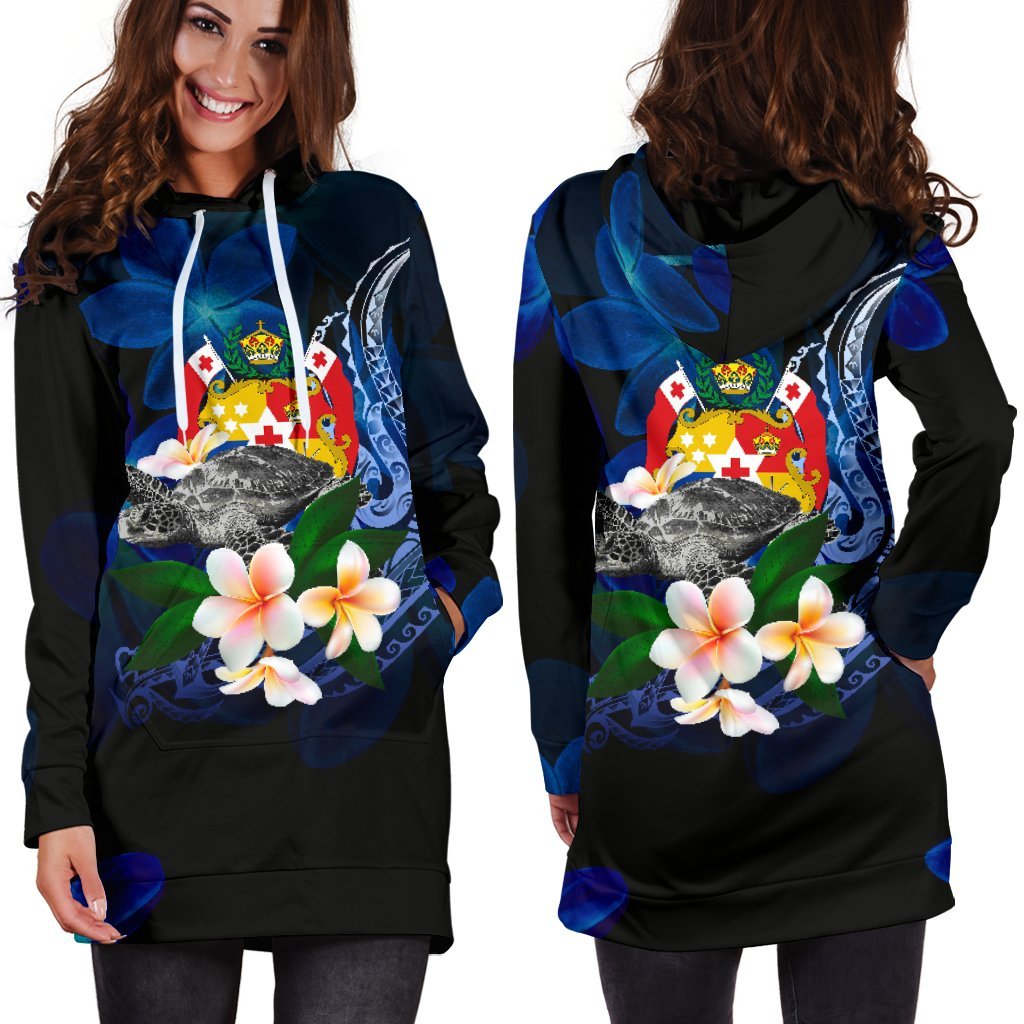 Tonga Polynesian Women's Hoodie Dress - Turtle With Plumeria Flowers - Polynesian Pride