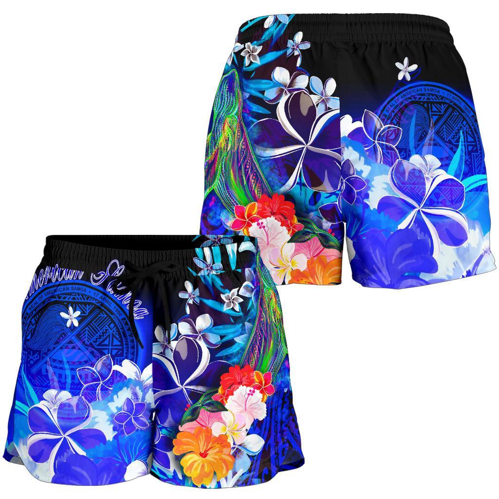 American Samoa Polynesian Women's Shorts - Humpback Whale with Tropical Flowers (Blue) - Polynesian Pride