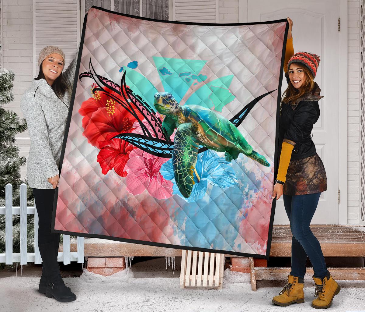 Hawaii Map Kanaka Sea Turtle Hibiscus Premium Quilt - AH - Blue Pink - Polynesian Pride