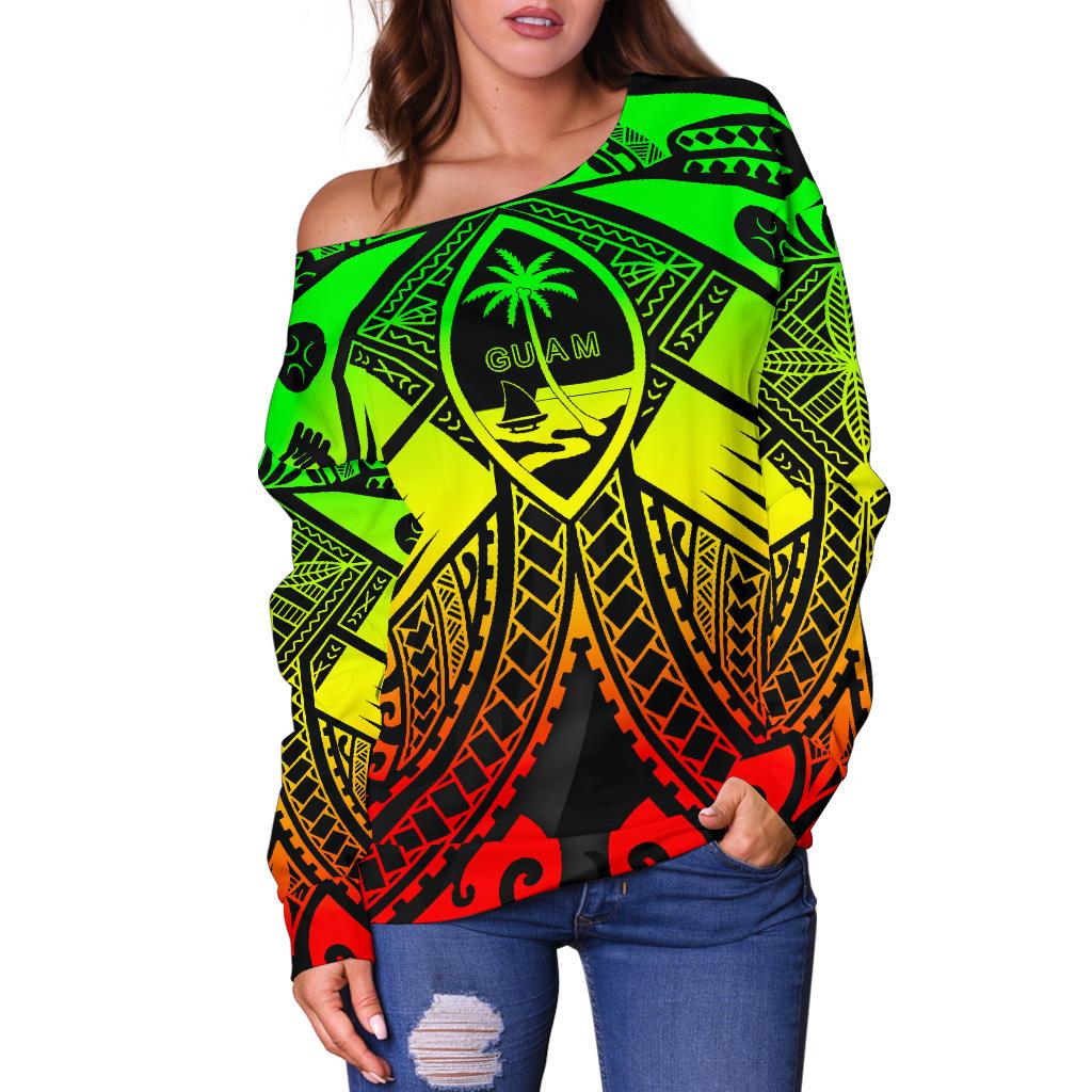 Guam Polynesian Women's Off Shoulder Sweater - Guam Reggae Seal with Polynesian Tattoo - Polynesian Pride