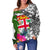 Fiji Women's Off Shoulder Sweater White - Turtle Plumeria Banana Leaf - Polynesian Pride