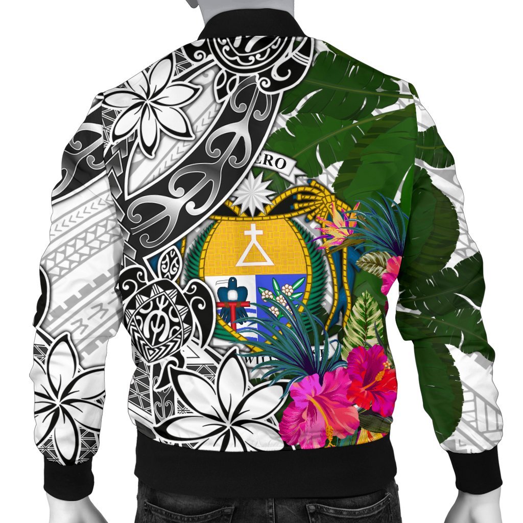 Nauru Men's Bomber Jacket White - Turtle Plumeria Banana Leaf Crest - Polynesian Pride