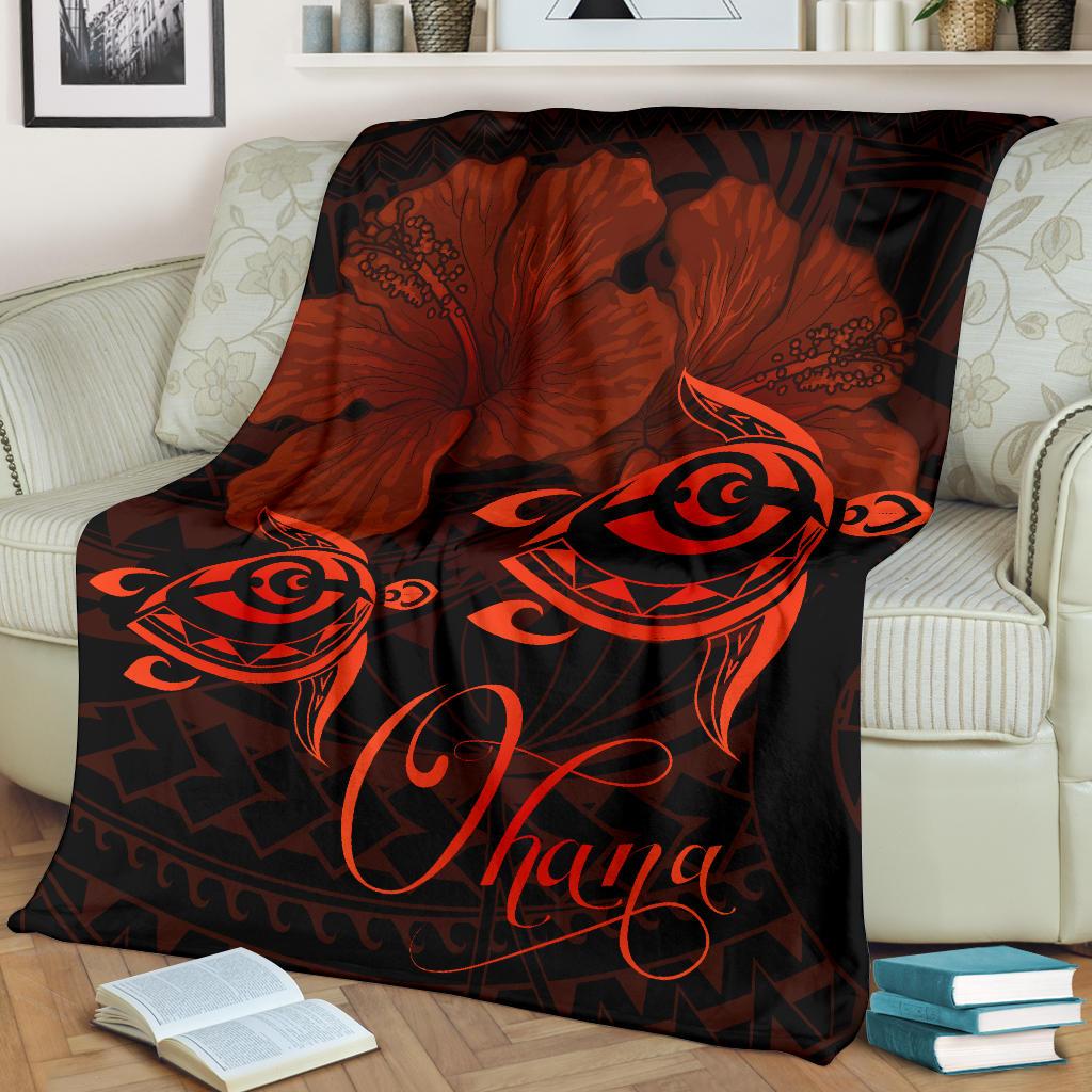 Hawaii Turtle Ohana Hibiscus Poly Premium Blanket - Orange - Polynesian Pride