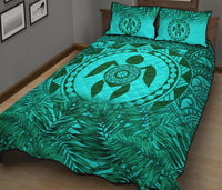 Polynesian Quilt Bed Set - Green Turtle Palm Torquoise Version - Polynesian Pride