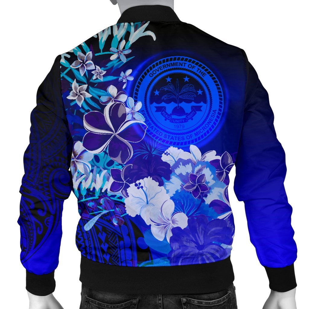 Federated States of Micronesia Custom Personalised Men's Bomber Jacket - Humpback Whale with Tropical Flowers (Blue) - Polynesian Pride