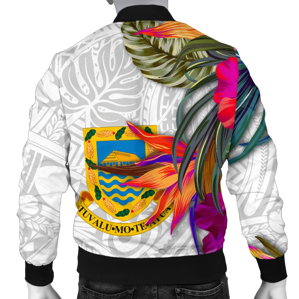Tuvalu Men's Bomber Jacket Polynesian Hibiscus White Pattern - Polynesian Pride