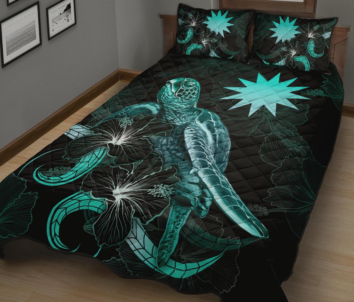 Nauru Polynesian Quilt Bed Set - Turtle With Blooming Hibiscus Turquoise - Polynesian Pride