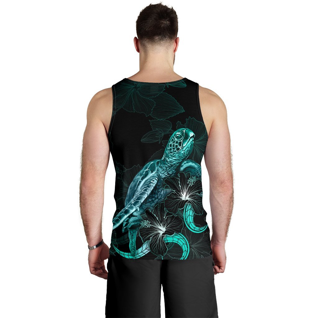 Federated States of Micronesia Polynesian Men Tank Top - Turtle With Blooming Hibiscus Tuquoise - Polynesian Pride