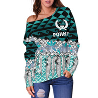 Pohnpei Women's Off Shoulder Sweaters - Coconut Leaves Weave Pattern Blue - Polynesian Pride