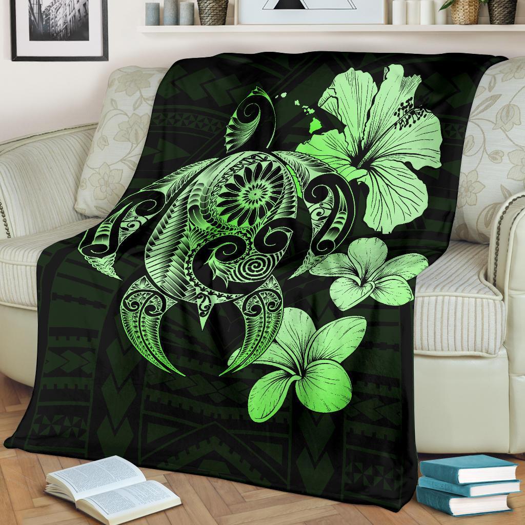 Hibiscus Plumeria Mix Polynesian Green Turtle Premium Blanket - Polynesian Pride