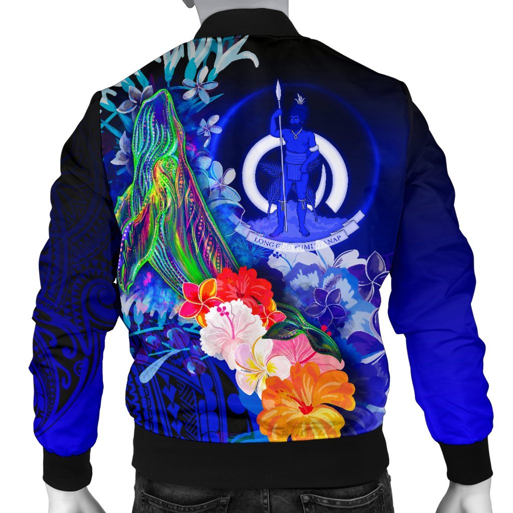 Vanuatu Men's Bomber Jacket - Humpback Whale with Tropical Flowers (Blue) - Polynesian Pride