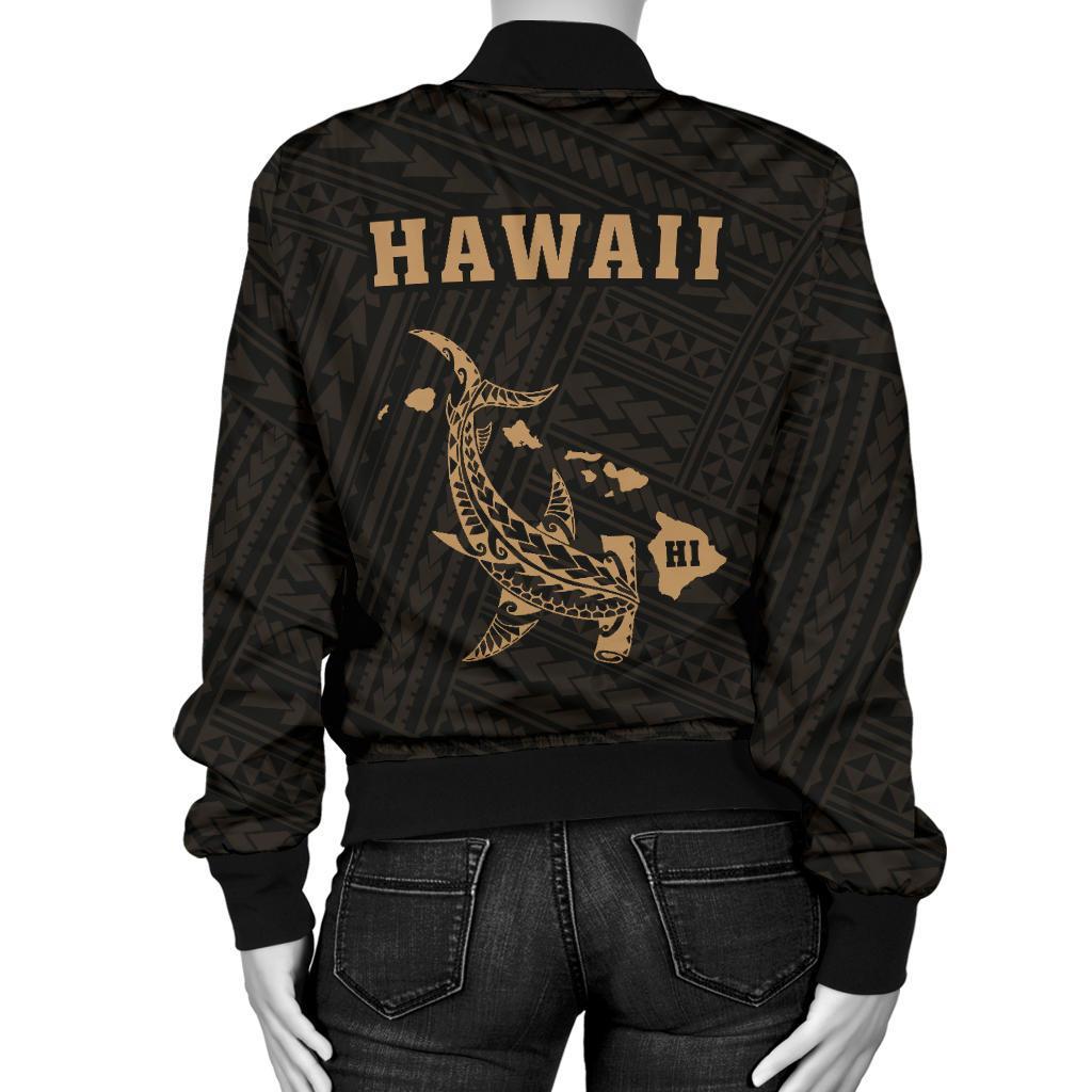 Hawaii Kakau Polynesian Hammerhead Shark Women's Bomber Jacket - Gold - Polynesian Pride
