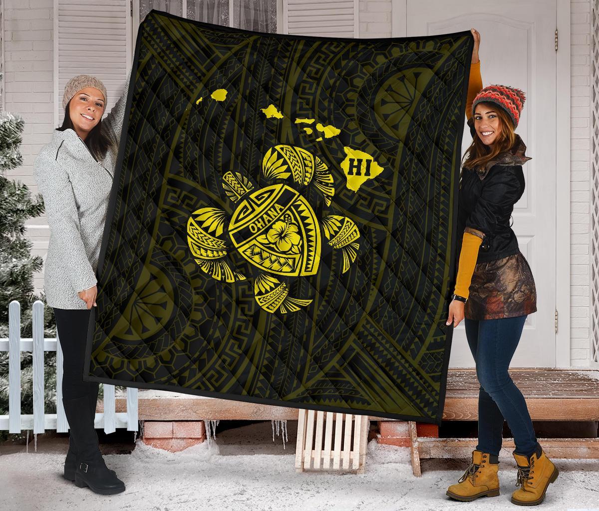 Hawaii Turtle Hibicus Map Premium Quilt - Yellow - Polynesian Pride