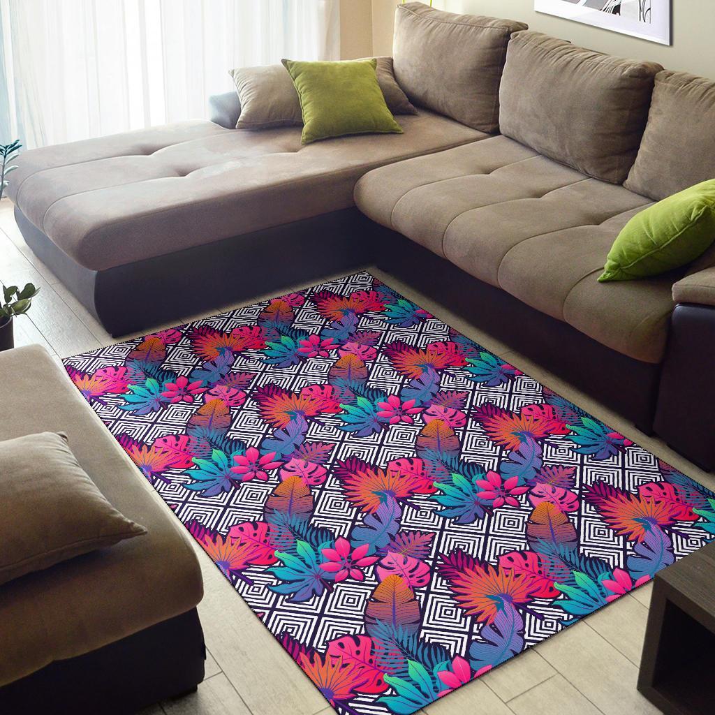 Tropical Exotic Leaves And Flowers On Geometrical Ornament. Rug - Polynesian Pride